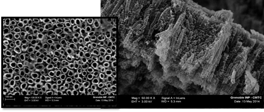 Vue de dessus et dans la tranche de nanotubes de TiO2 réalisés par voie électrochimique